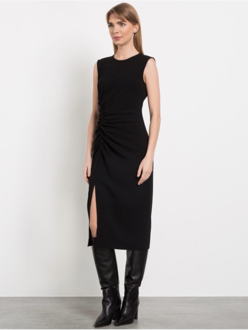 MaxMara Cielo Sheath Midi Ruched Side Slit Sleeveless Dress Black 10